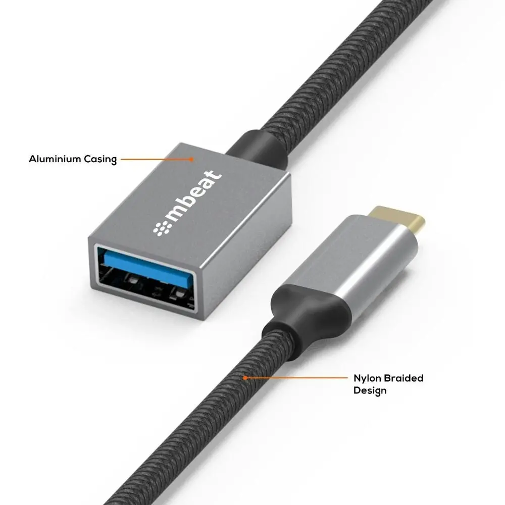 mBeat Tough Link Male USB-C To Female USB 3.0 Adapter Connector Cord Space Grey