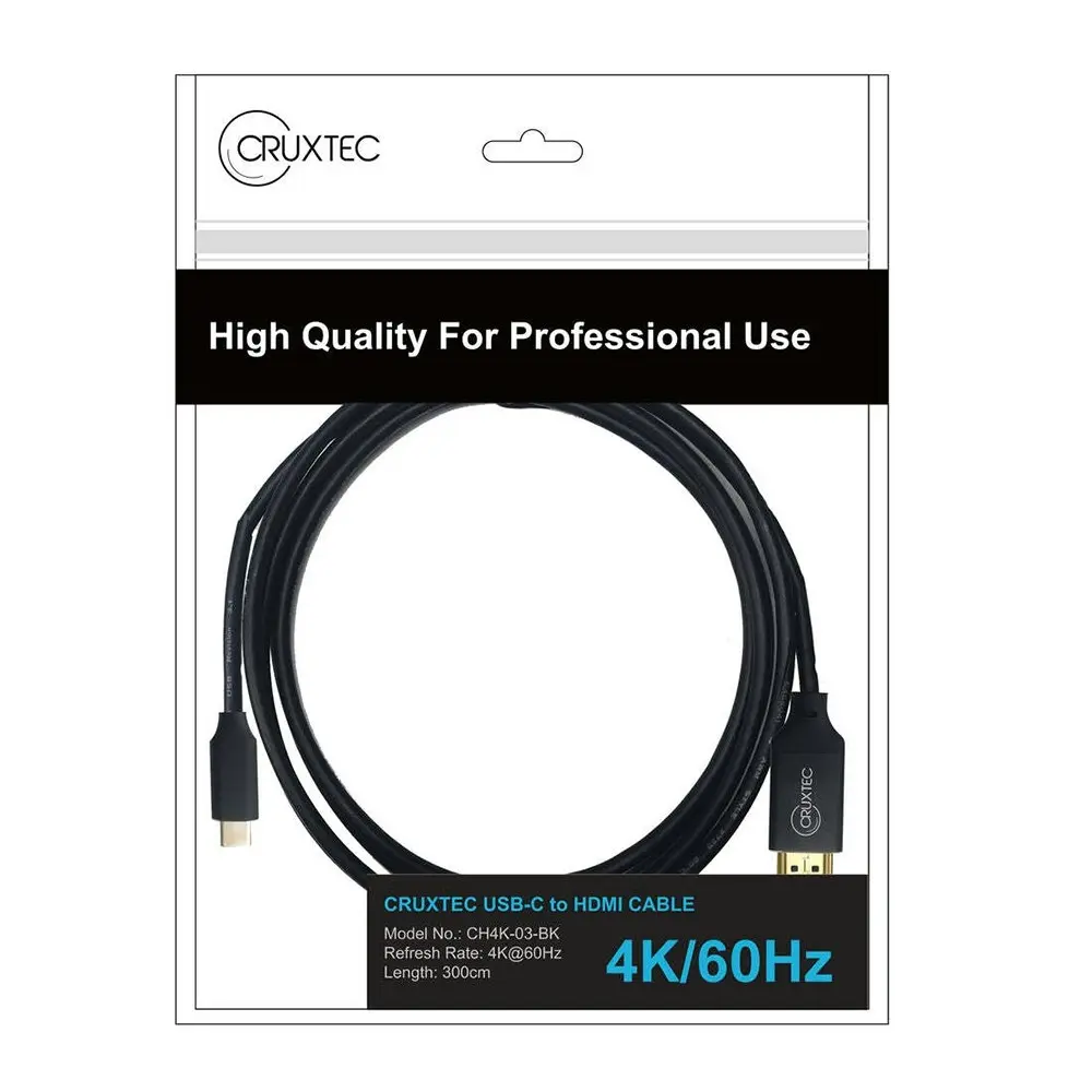 Cruxtec 1m USB-C Male to HDMI 2.0 Male 4K/60Hz Video Adapter Cable/Cord Black