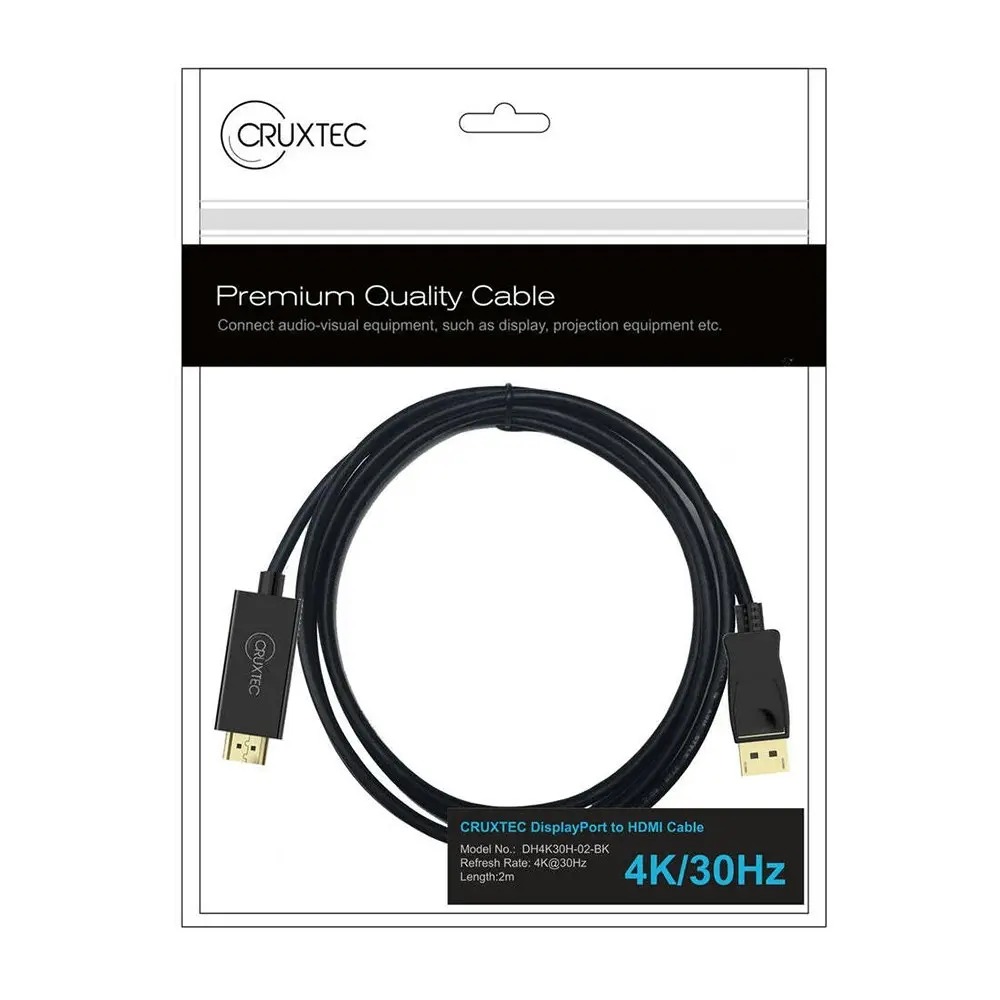 Cruxtec Gold Plated Displayport Male to HDMI 2.0 Male 2m Cable 4K/30Hz Black