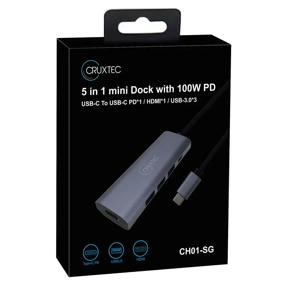 Cruxtec 5-in-1 Aluminium Alloy USB-C Multiport Docking Adapter w/ 100W PD Grey