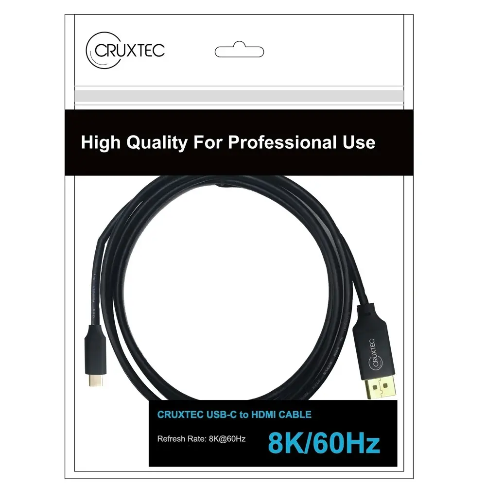 Cruxtec CH8K-01-BK Black USB-C Male To HDMI Male Cable 8K 1m Gold Plated