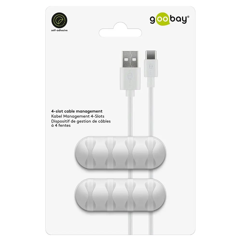 2pc Goobay 4 Slots Adhesive Cable 6.4cm Organiser Cord/Wire Management White