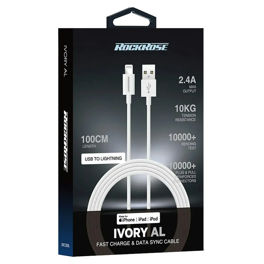 RockRose Ivory AL 1m 2.4A USB-A to Lightning MFI-Certified Cable For Apple