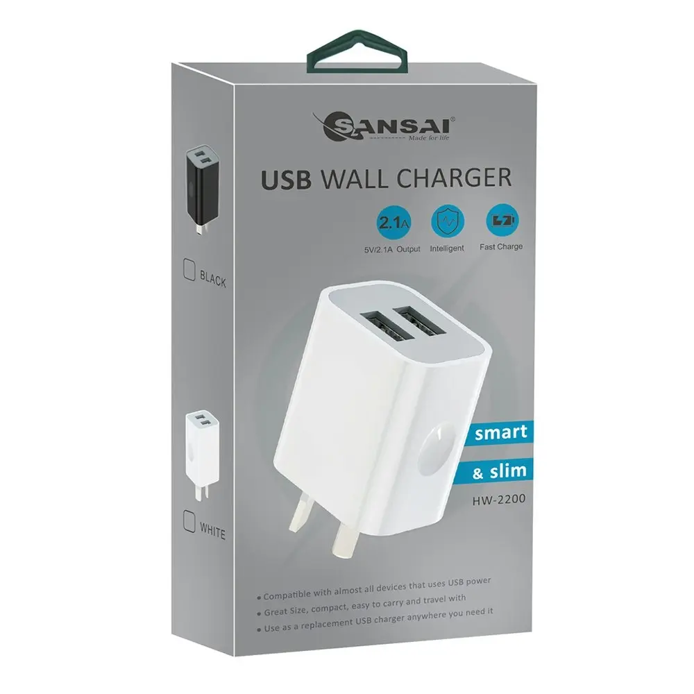 2PK Sansai Dual USB 2.1A Phone Wall Charger Power Point Adaptor Slim Assorted