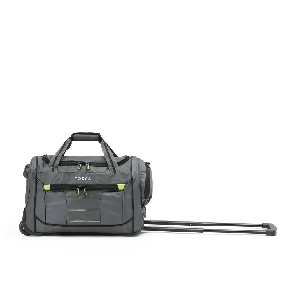 Tosca Small 48cm Duffle Bag Travel Luggage Trolley w/ Roller Wheels Grey/Lime