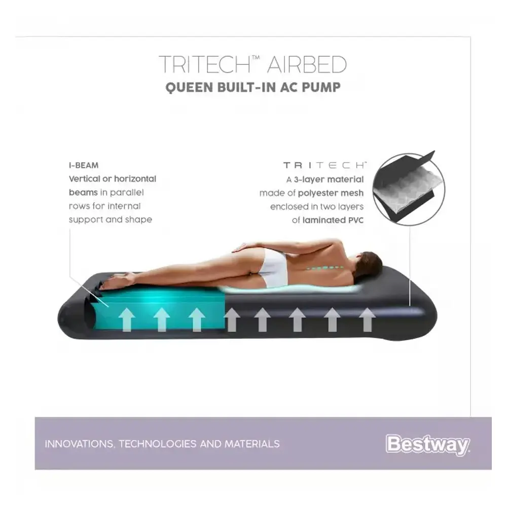 Bestway Tritech 2.03x1.52m Inflatable Airbed Queen Mattress w/ Built-In Pump BLK