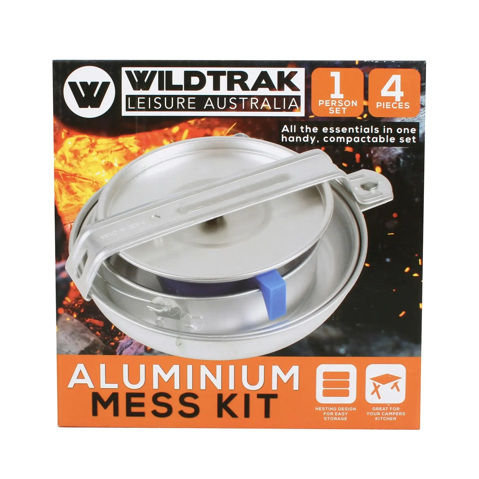 4pc Wildtrak Aluminium 1-Person Mess Kit Pot/Pan/Cup Camping Cookware Silver