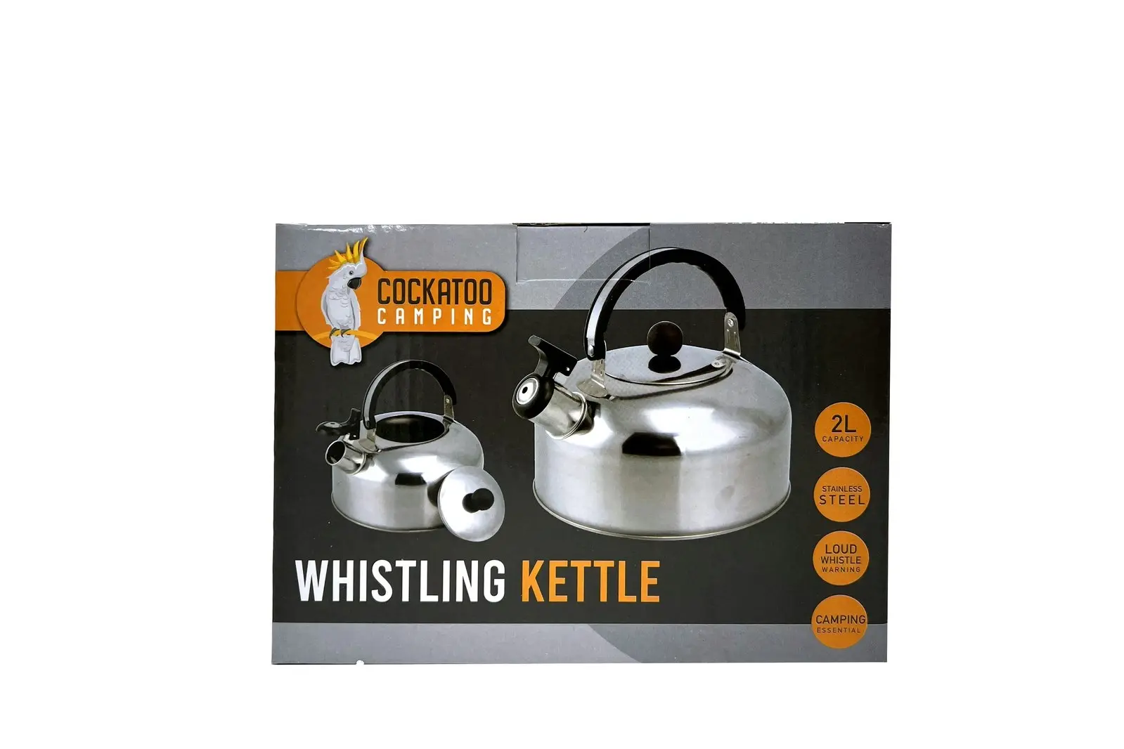 Cockatoo Camping 2L Stainless Steel Whistling Kettle Outdoor Water Boiler Silver