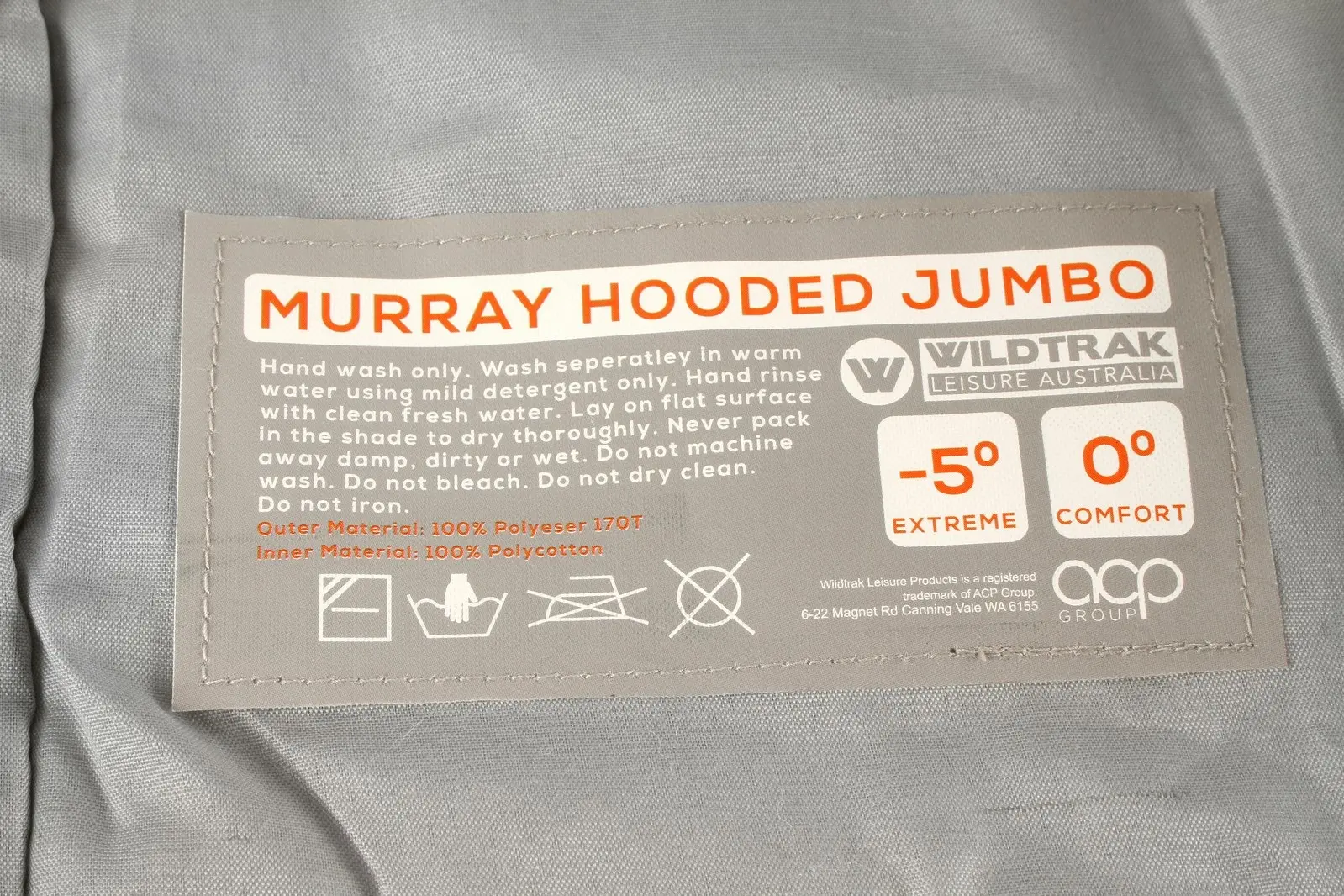 Wildtrak Murray 230x80cm Hooded Jumbo Sleeping Bag Camping/Hiking Sleeper Grey