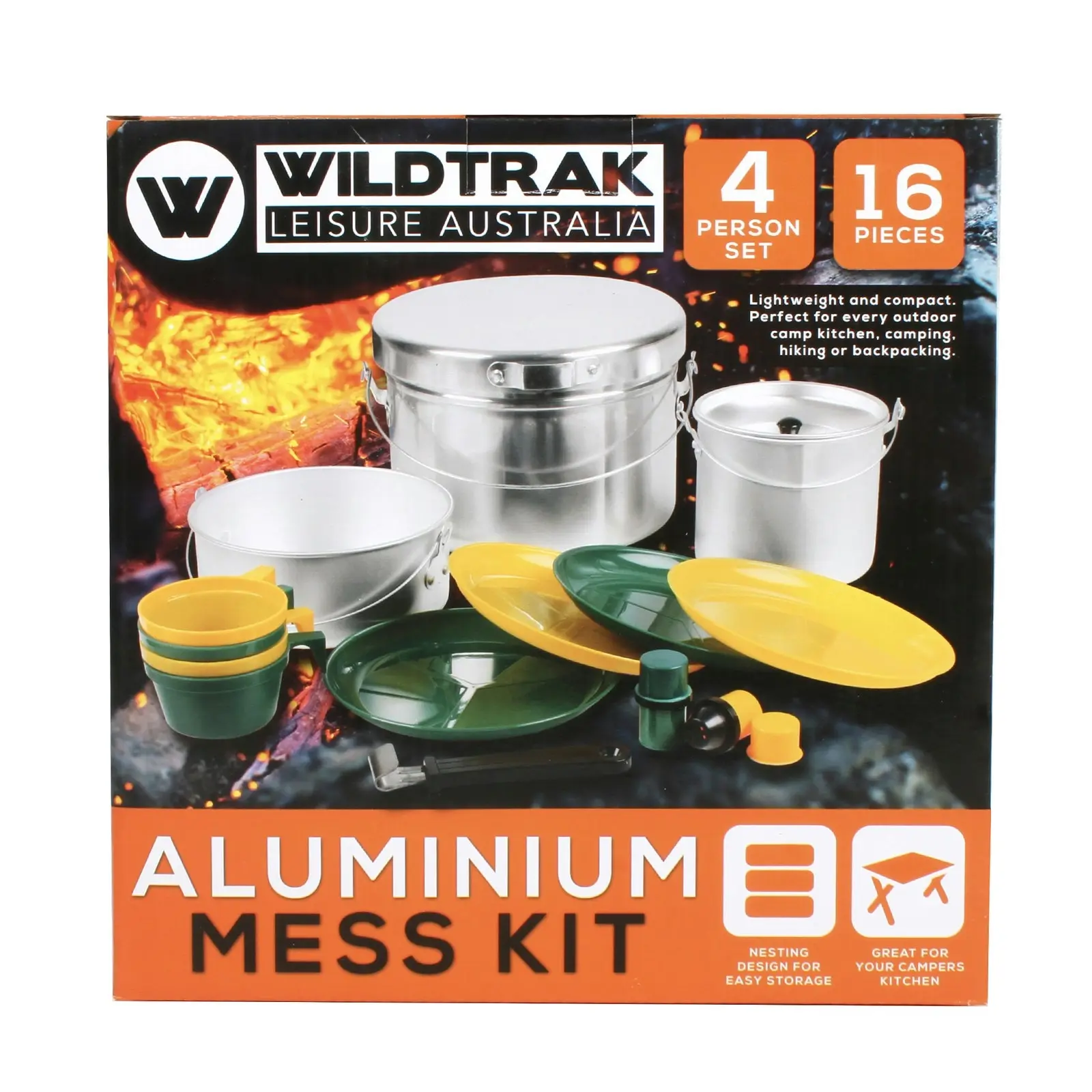 16pc Wildtrak Aluminium 4-Person Mess Kit Plate/Pot/Cup Camping Cookware Silver