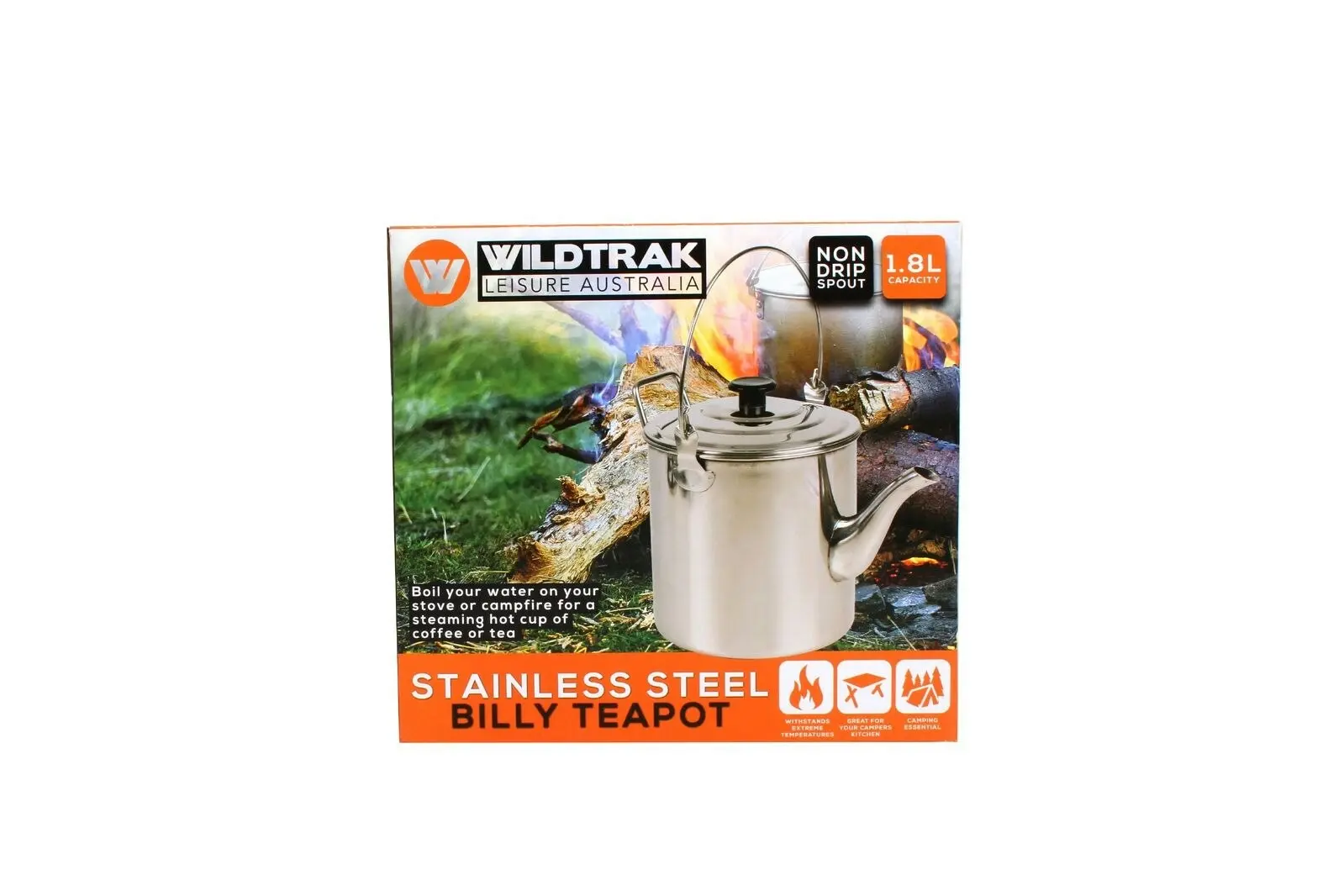 Wildtrak 1800ml Stainless Steel Billy Teapot Camping Water Boiler Container SLV