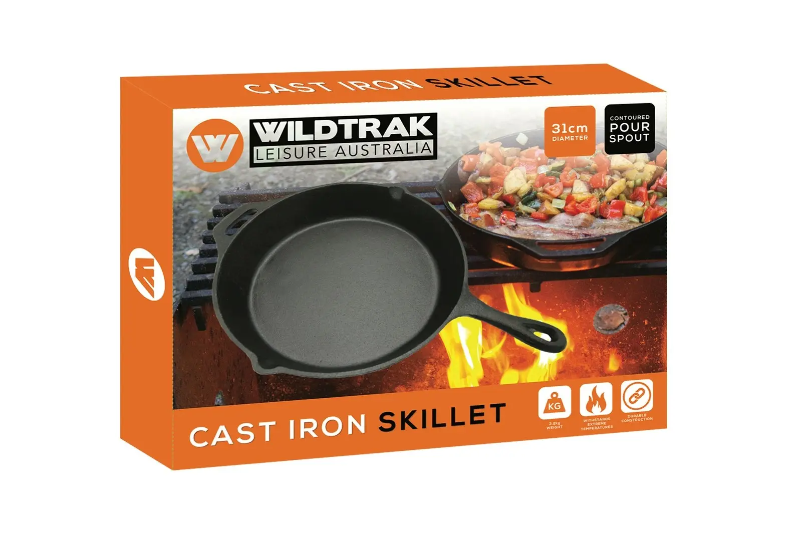 Wildtrak Round 31cm Cast Iron Skillet Pan w/ Pour Spout Camping Cookware Black