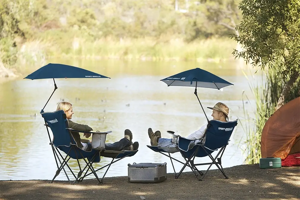 Sport-Brella Adjustable Reclining Chair Outdoor Seating w/ 360° Umbrella Blue