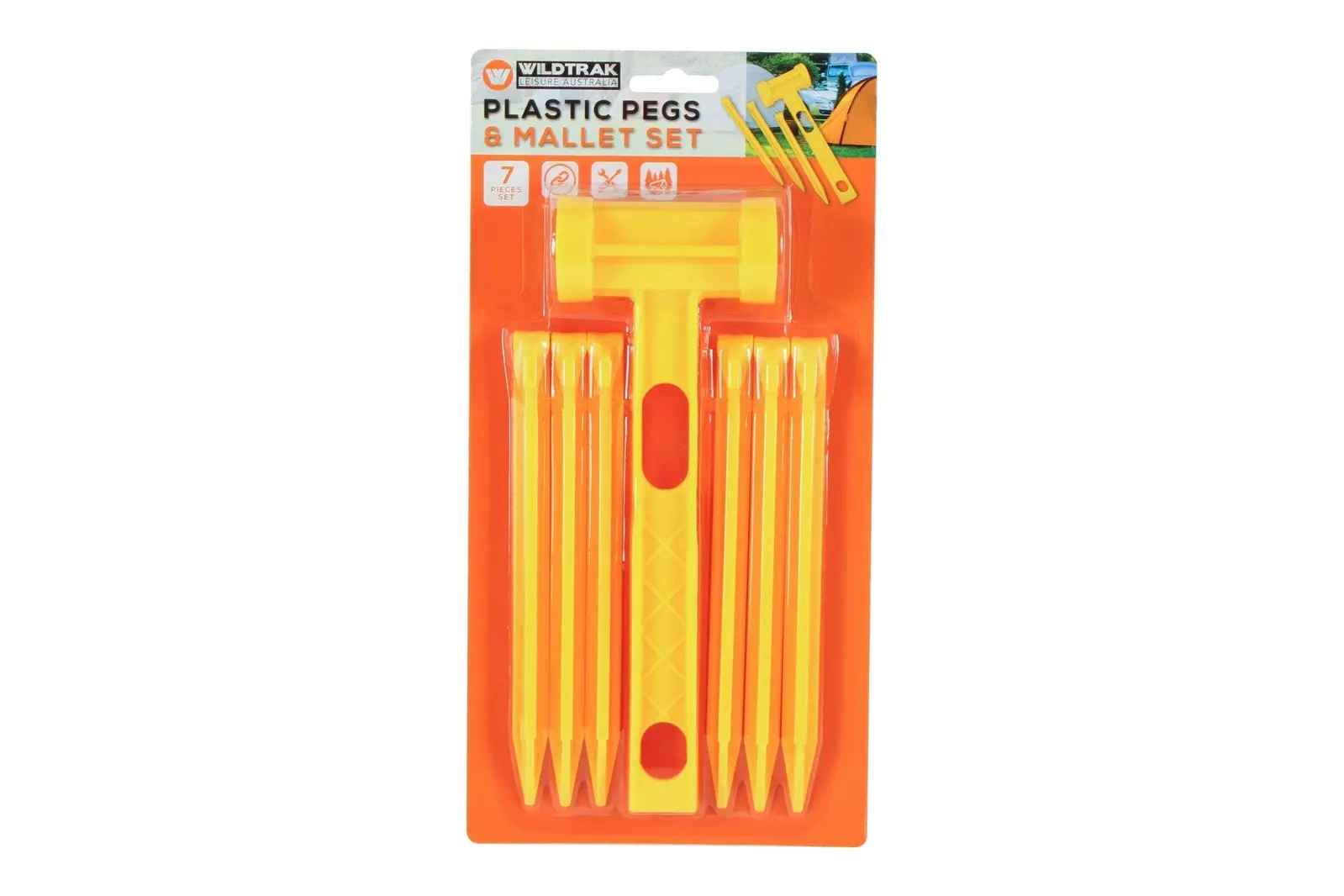 7pc Wildtrak Plastic Pegs & Double Headed Mallet Set For Camping Tent Yellow