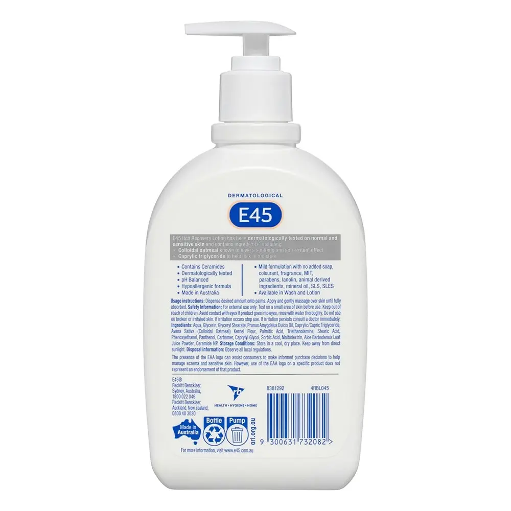 E45 Itch Recovery Moisturising/Soothing Lotion 500ml f/ Dry/Itchy/Sensitive Skin