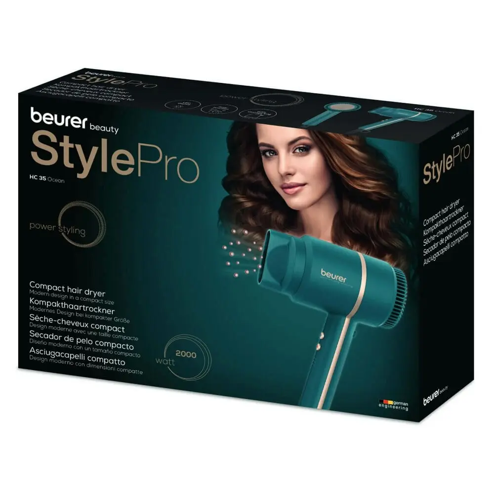 Beurer Beauty Style Pro HC35OCEAN 2000W Electric Compact Hair Dryer w/Travel Bag