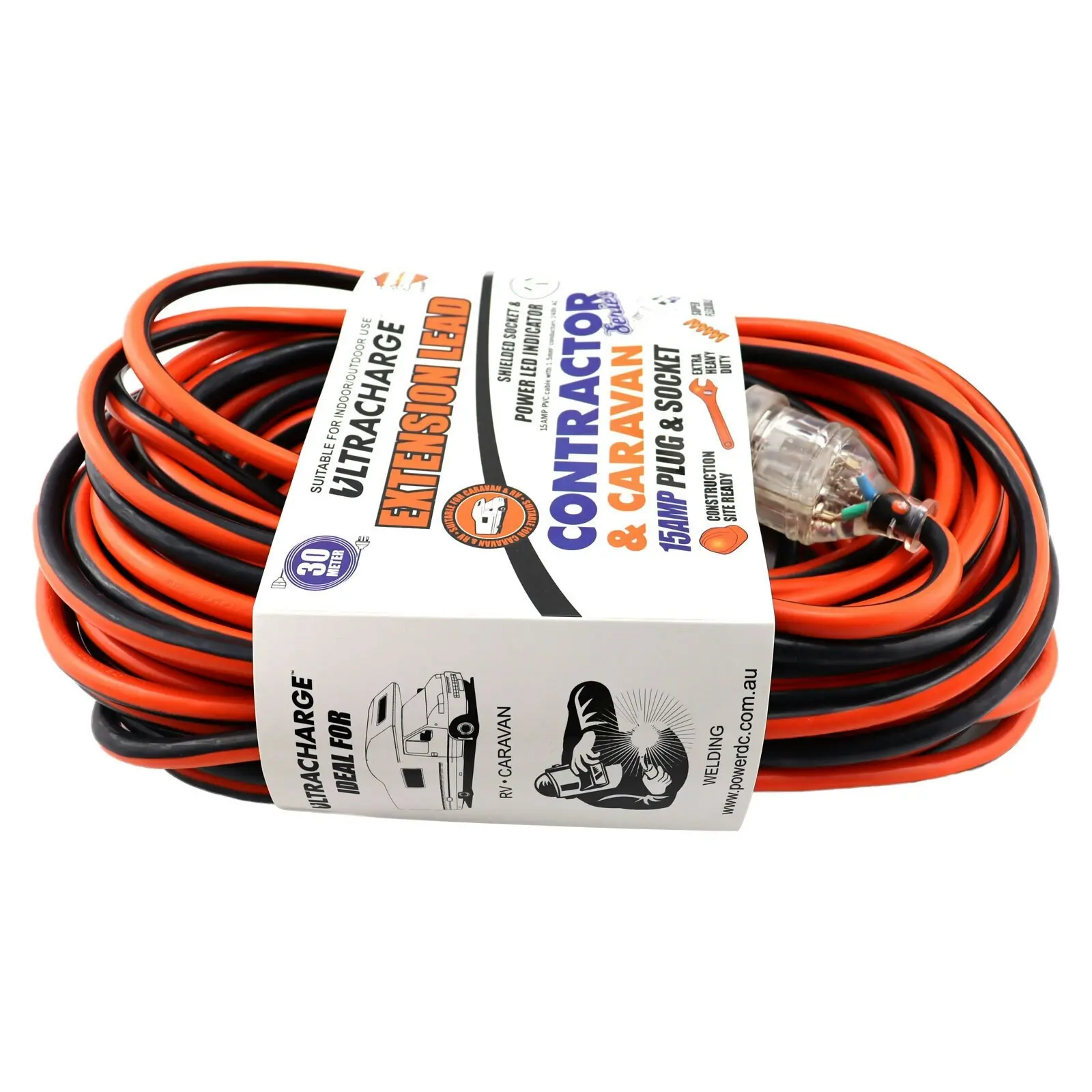 UltraCharge Contractor/Caravan Extension Lead 30m Cable Cord w/ 15A Plug/Socket