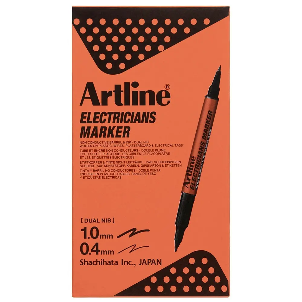 12PK Artline Electricians Permanent Marker 1/4mm Dual Nib - Black