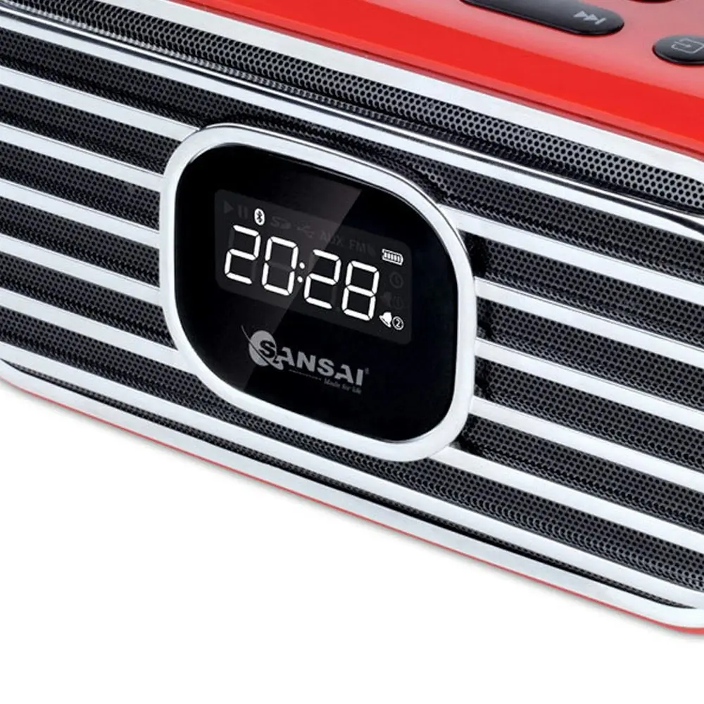 Sansai Portable Wireless Bluetooth Speaker w/ FM Radio/LED Alarm Clock Red