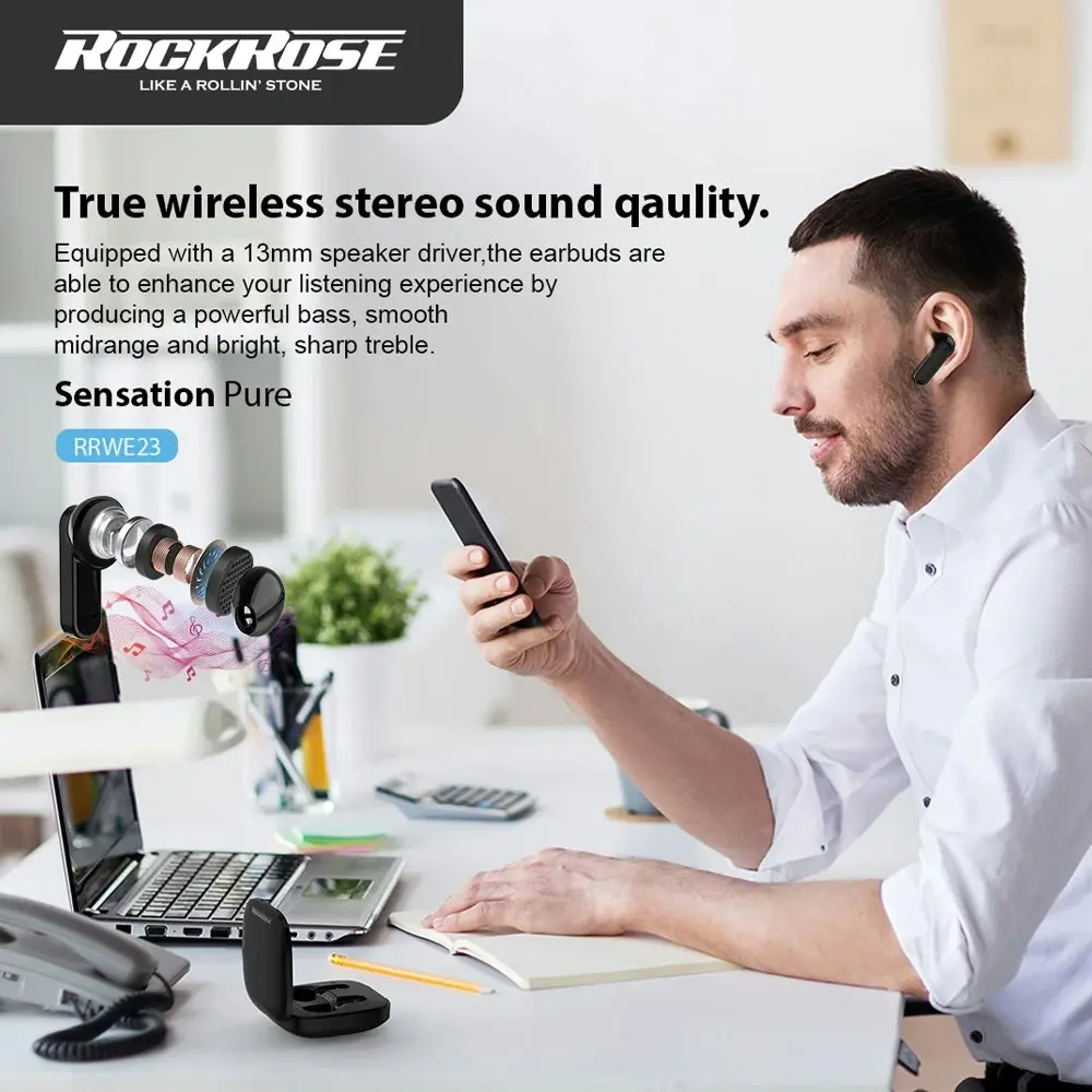 RockRose Sensation True Wireless Bluetooth Stereo Earbuds Smart Touch Control