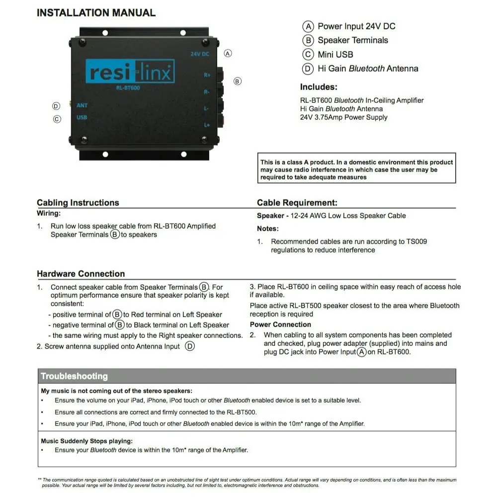 Resi-Linx 50W Stereo In-ceiling Amplifier AMP/Bluetooth Receiver for Speakers