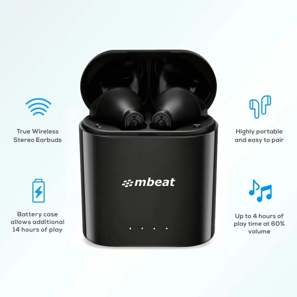 mBeat E1 True Wireless Earbuds Bluetooth Earphones w/Charging Case f/ Phones BLK