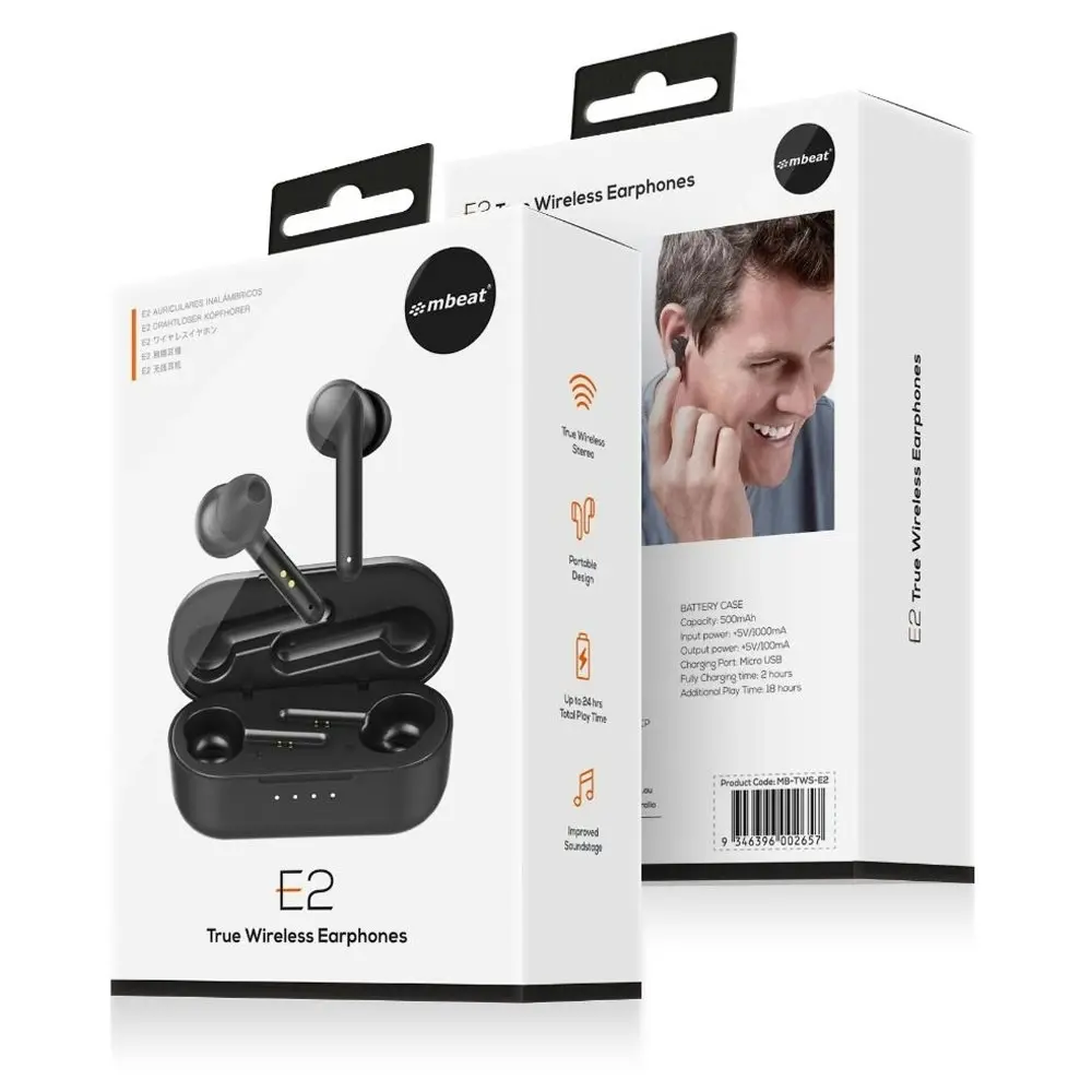 mBeat E2 True Wireless Earphone Bluetooth Earbuds w/ Charging Case f/ Phones BLK