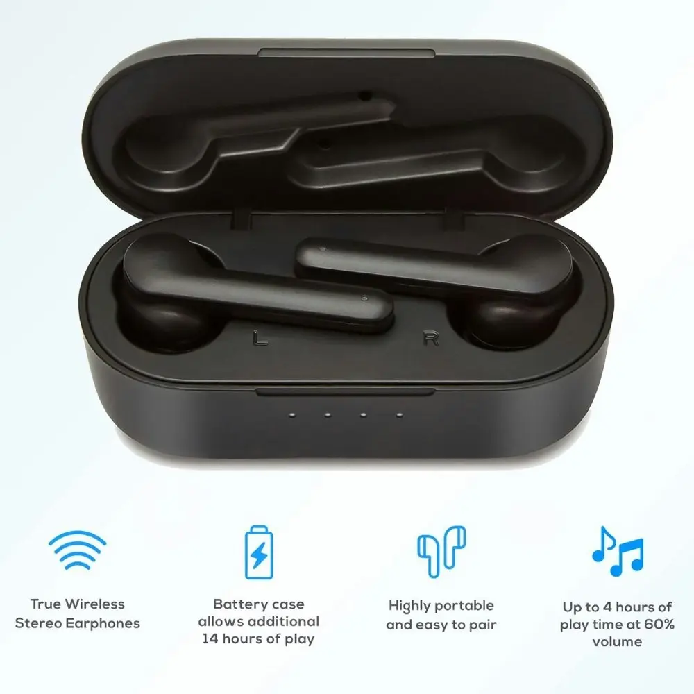 mBeat E2 True Wireless Earphone Bluetooth Earbuds w/ Charging Case f/ Phones BLK