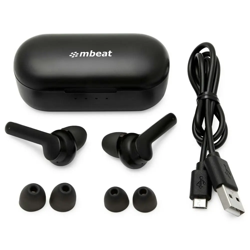 mBeat E2 True Wireless Earphone Bluetooth Earbuds w/ Charging Case f/ Phones BLK