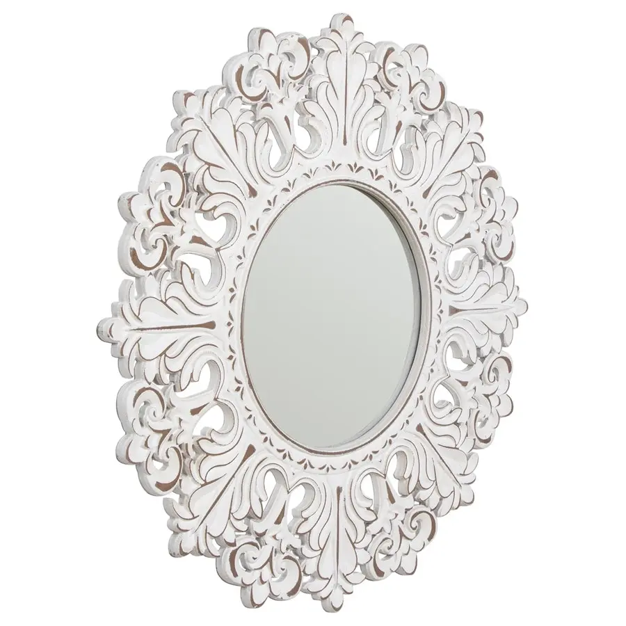 Willow & Silk MDF 74cm White Round Ornate Carved Fleur Wall Mirror