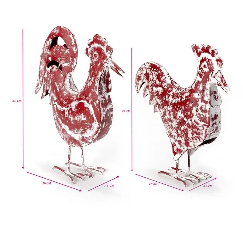 Willow & Silk Metal 33cm/29cm Set of 2 Red Garden Rooster & Chook