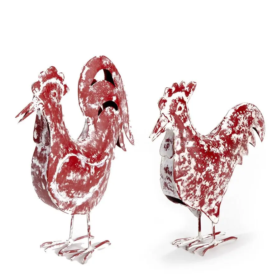 Willow & Silk Metal 33cm/29cm Set of 2 Red Garden Rooster & Chook