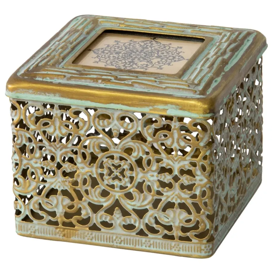 Willow & Silk Golden Metal 11cm Ornate Square Trinket Box w/ Photo Lid