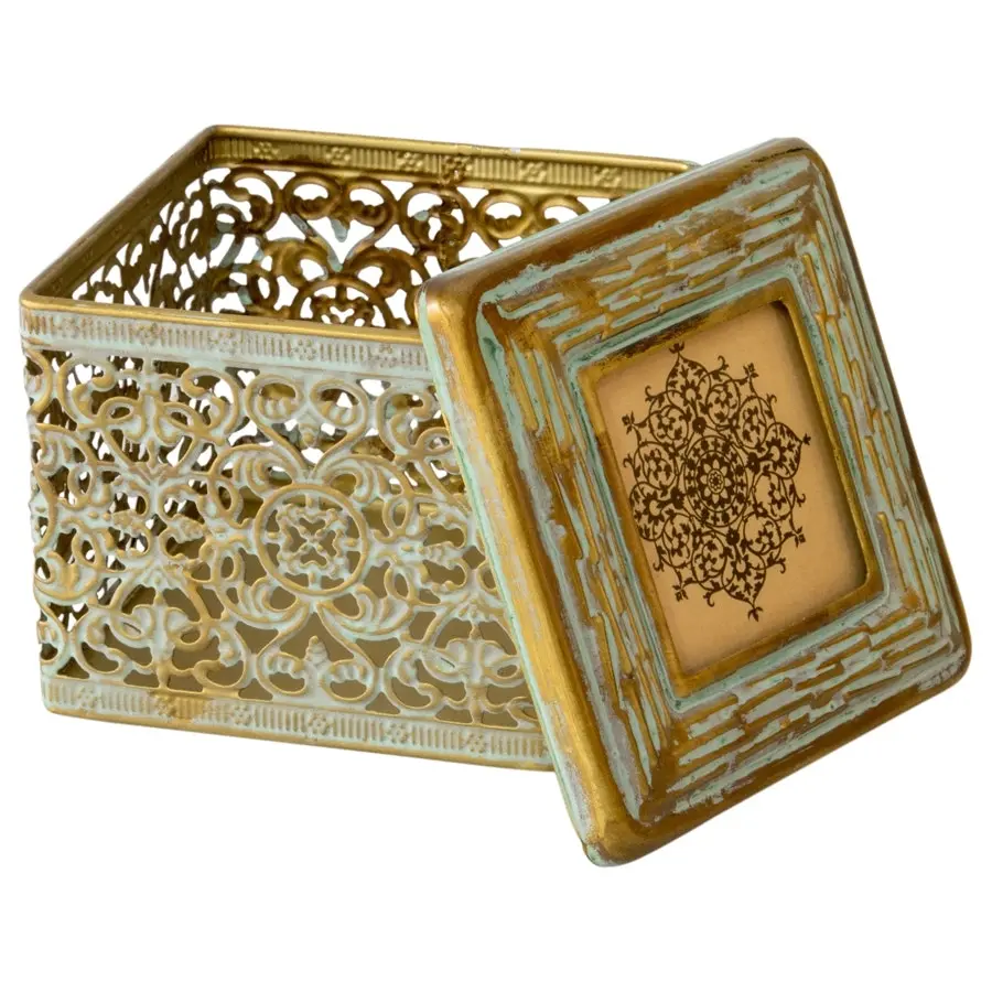 Willow & Silk Golden Metal 11cm Ornate Square Trinket Box w/ Photo Lid