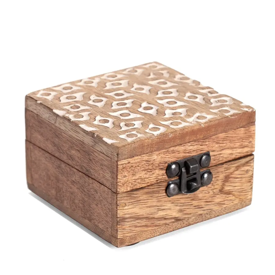 Willow & Silk Handmade 10cm Wooden Square Carved Trinket Storage Box