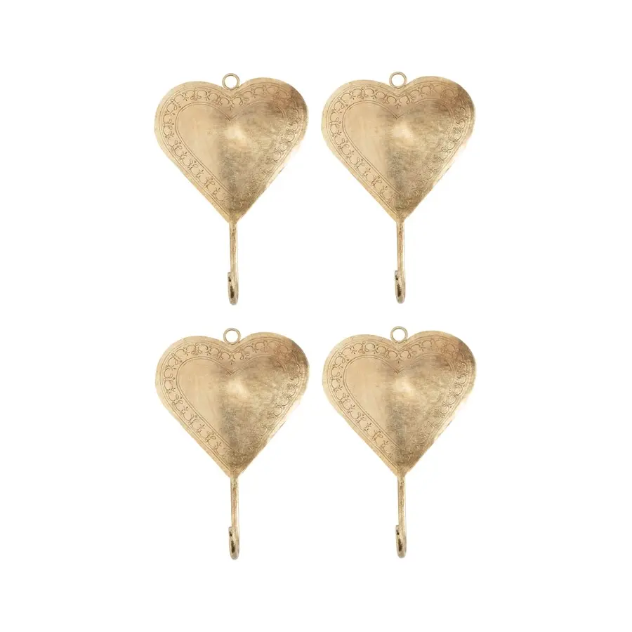 Willow & Silk Antique Gold 19cm Set of 4 Coat/Scarf Heart Wall Hooks