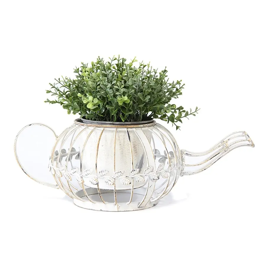 Willow & Silk Antique White 36cm Teapot/Kettle Planter w/ Handle