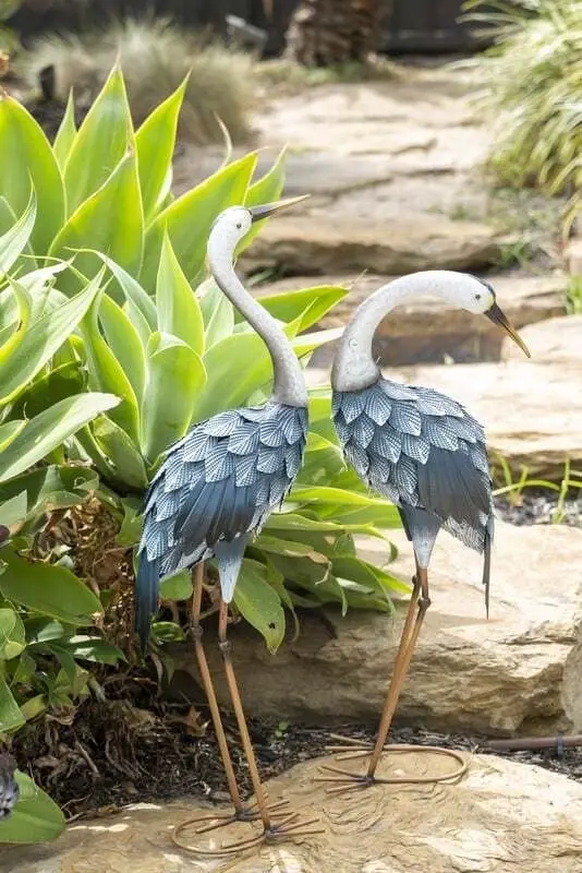 Willow & Silk Metal 72cm/64cm Set of 2 Blue Cranes Garden Ornament/Statue