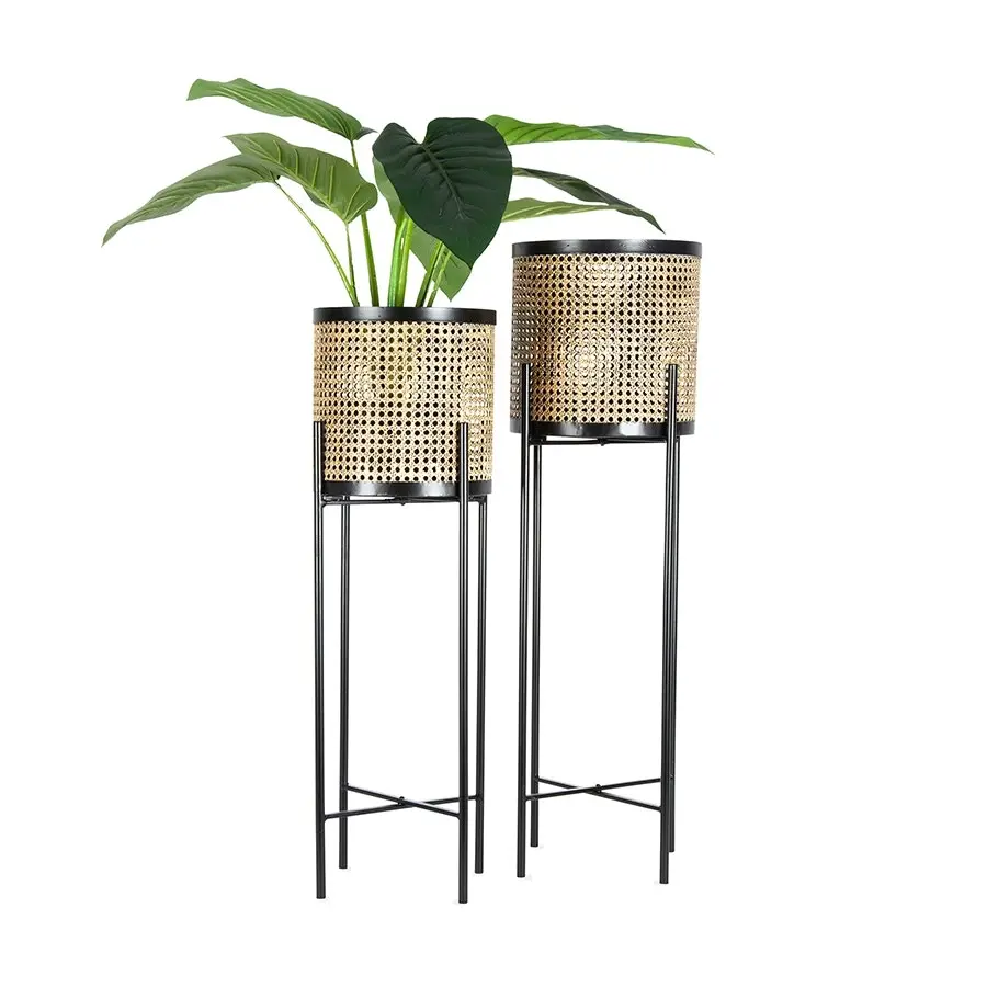 Willow & Silk Nested Metal 90/80cm Set of 2 Golden Rattan Look Pot/Planters