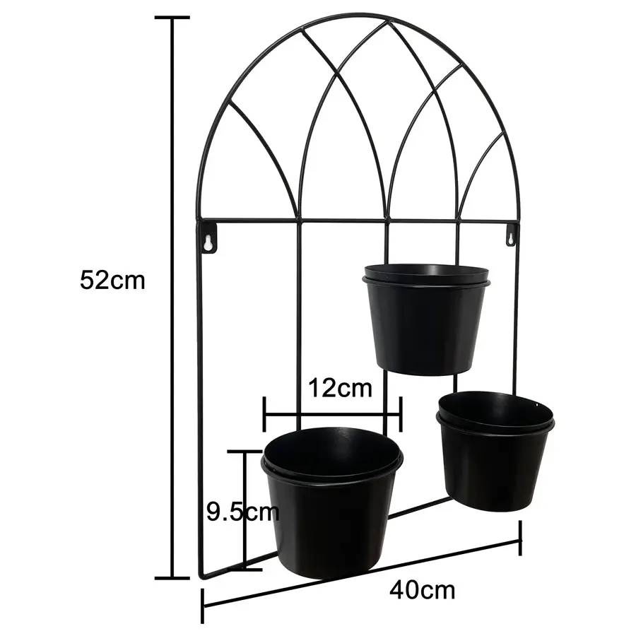 Willow & Silk Black 52cm Arch 3-Pot Metal Wall Planter