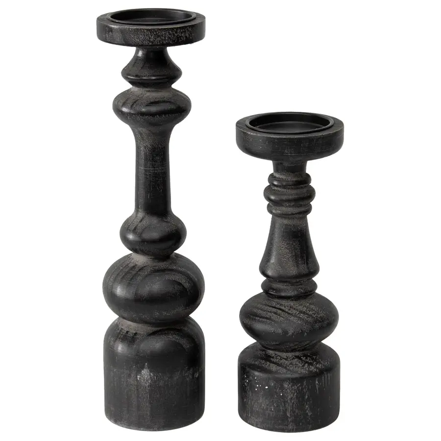 Willow & Silk Wooden 43cm Black Bold Pillar Candle Holder