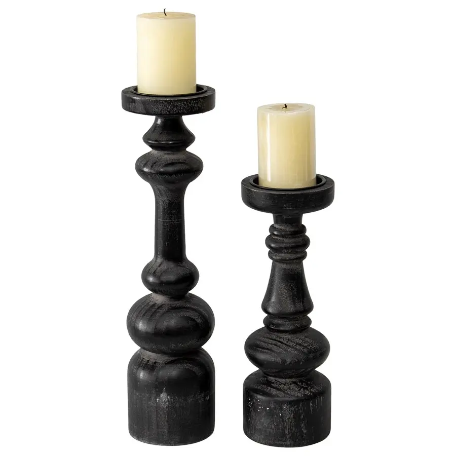 Willow & Silk Wooden 43cm Black Bold Pillar Candle Holder