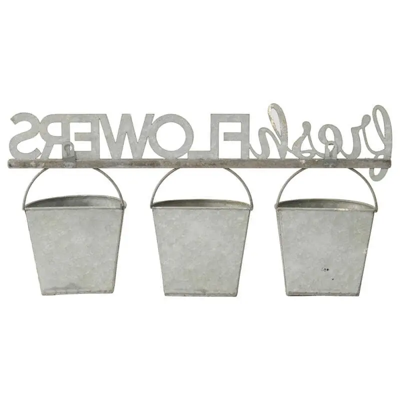 Willow & Silk Metal Pots 51cm 'Fresh Flowers' 3 Buckets Taupe Wall Planters