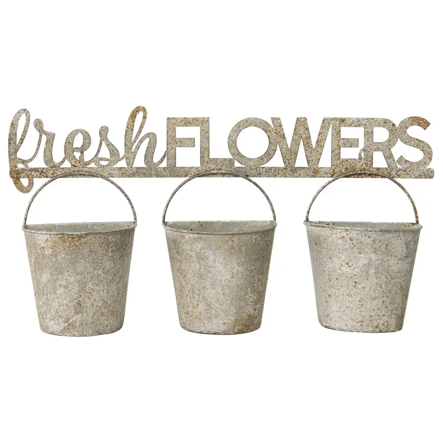 Willow & Silk Metal Pots 51cm 'Fresh Flowers' 3 Buckets Taupe Wall Planters