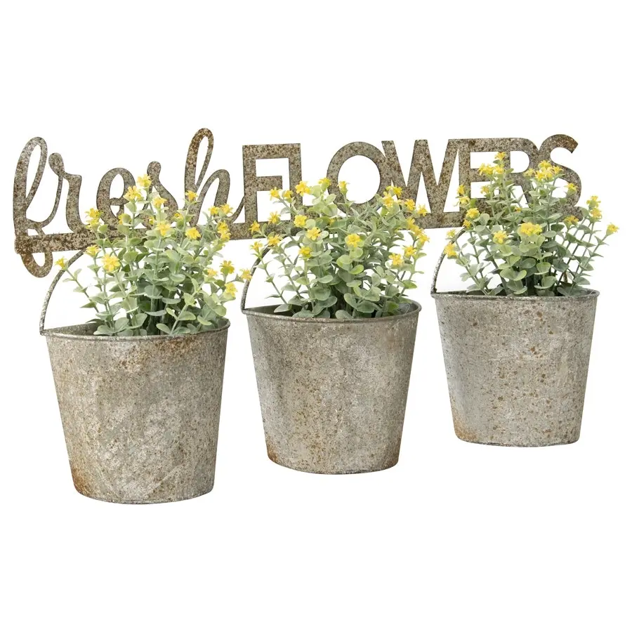 Willow & Silk Metal Pots 51cm 'Fresh Flowers' 3 Buckets Taupe Wall Planters