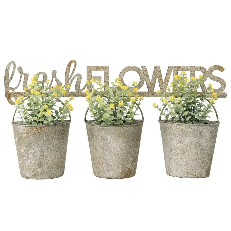 Willow & Silk Metal Pots 51cm 'Fresh Flowers' 3 Buckets Taupe Wall Planters