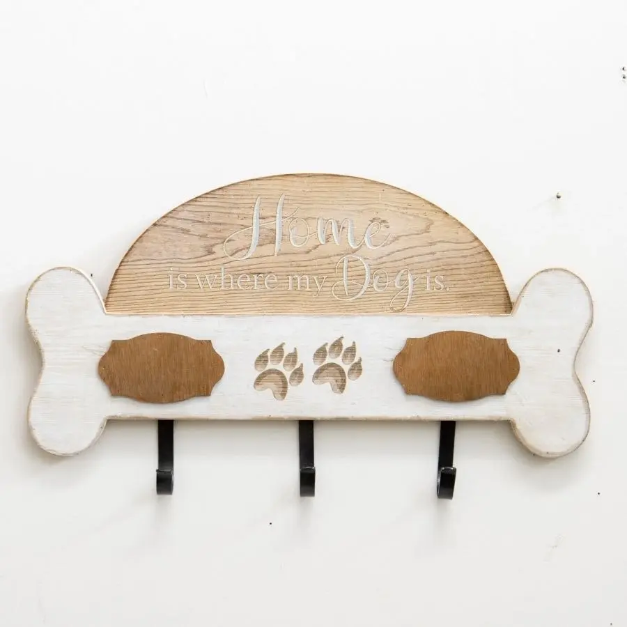 Willow & Silk Wooden 40cm 'Home Is Where My Dog Is' Sign 3 Wall Hooks