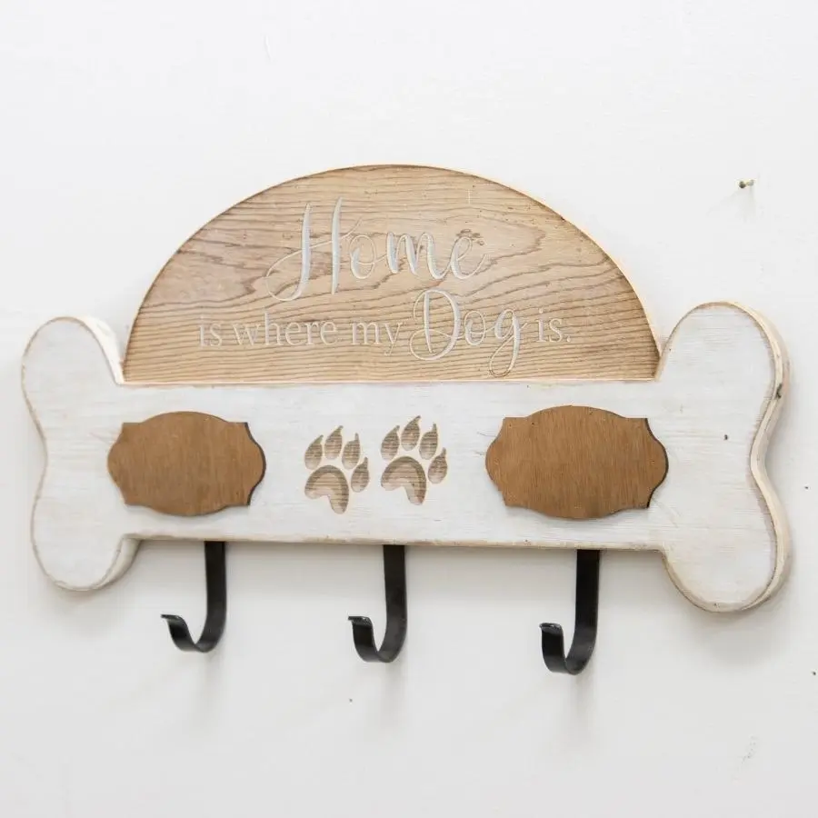 Willow & Silk Wooden 40cm 'Home Is Where My Dog Is' Sign 3 Wall Hooks