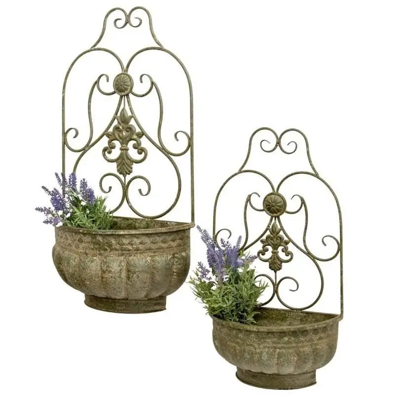 Metal Pot Flower Design Wall Planters Set of 2