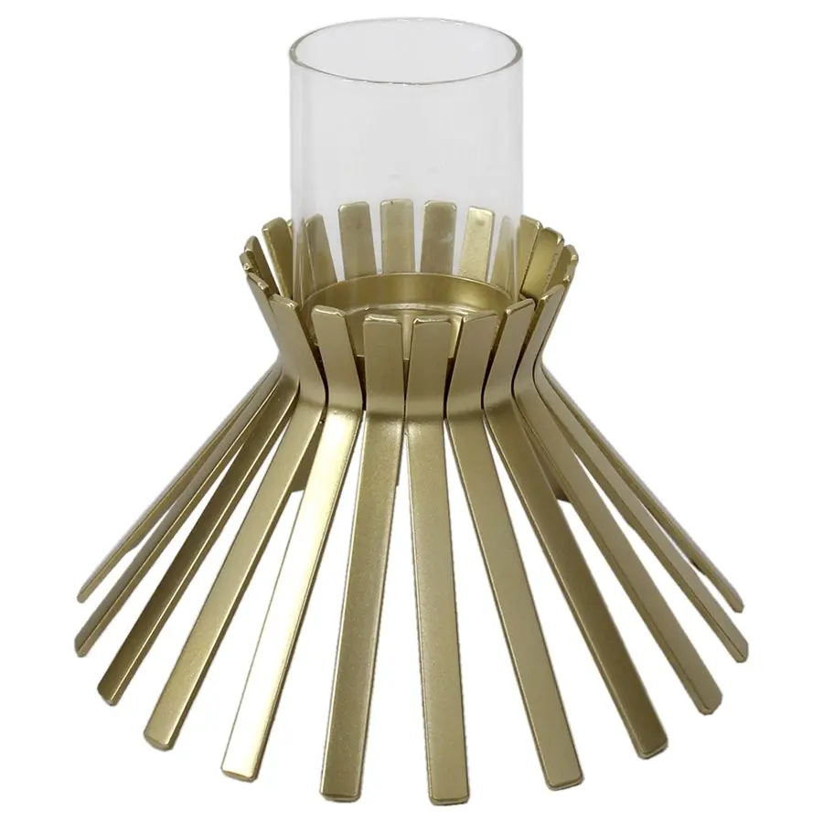 Willow & Silk Metal Glass 21cm Slatted Golden Sticks Candle Holder